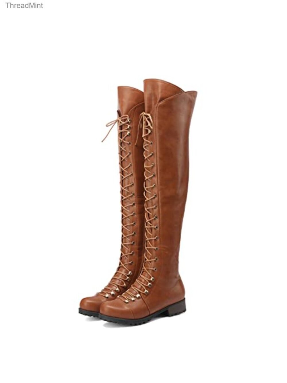 Over The Knee Boots Lace-up Flat Long Boot PU Leather Riding Boot Women